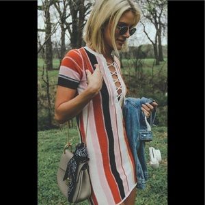 Knit Stripe Lace Up Tunic / Dress